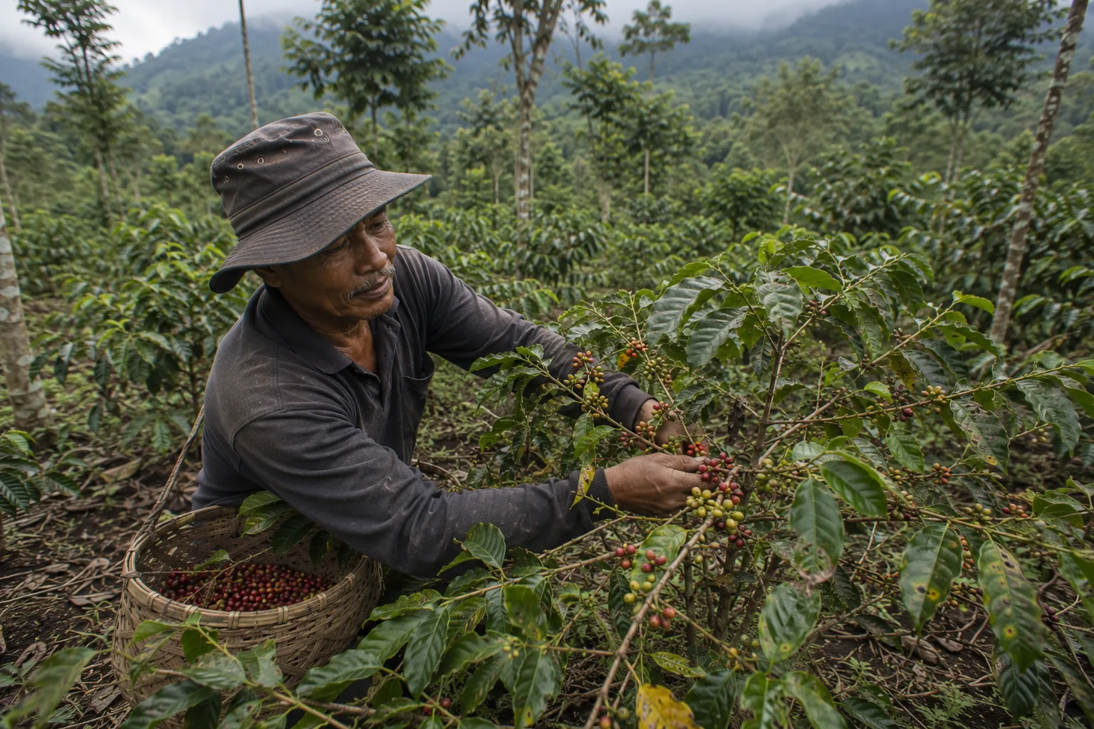 Gayo Arabica coffee cherry harvest in Aceh highland coffee farm