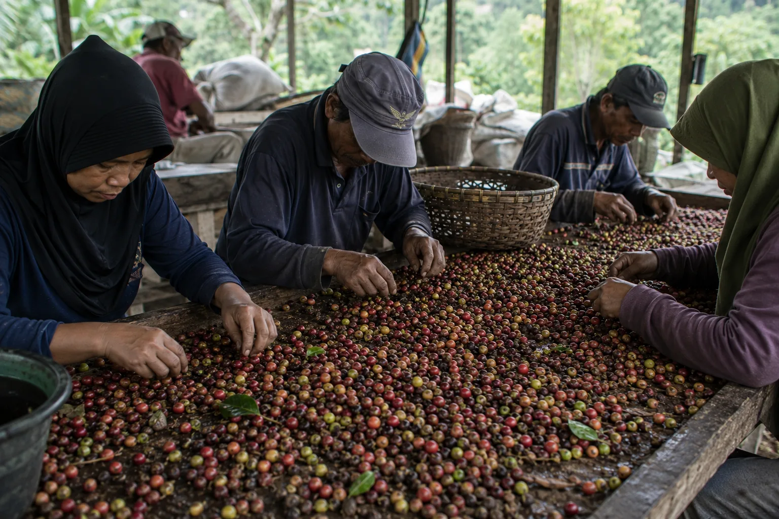 Coffee workers sorting Gayo Arabica coffee cherries for quality control