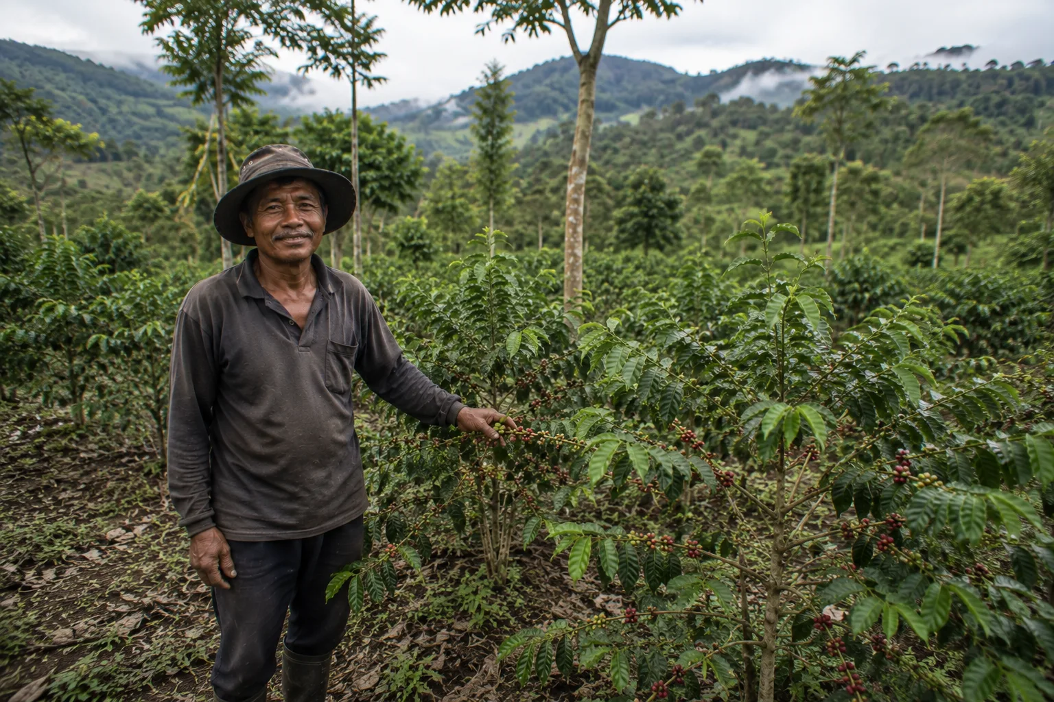 Gayo coffee farmer standing in an Arabica coffee plantation in Aceh highlands