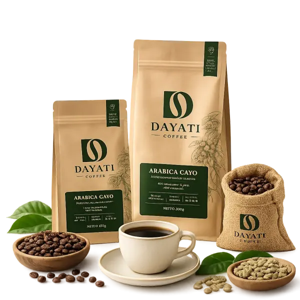 Dayati Coffee Arabica Gayo coffee products with beans and a cup
