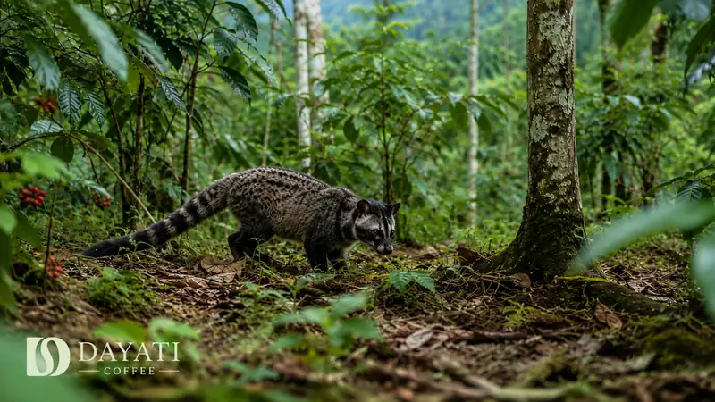 Wild Asian palm civet moving freely through a coffee plantation habitat in Indonesia