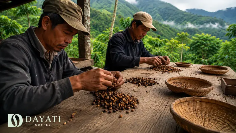 Coffee workers sorting and checking wild luwak coffee beans for quality control