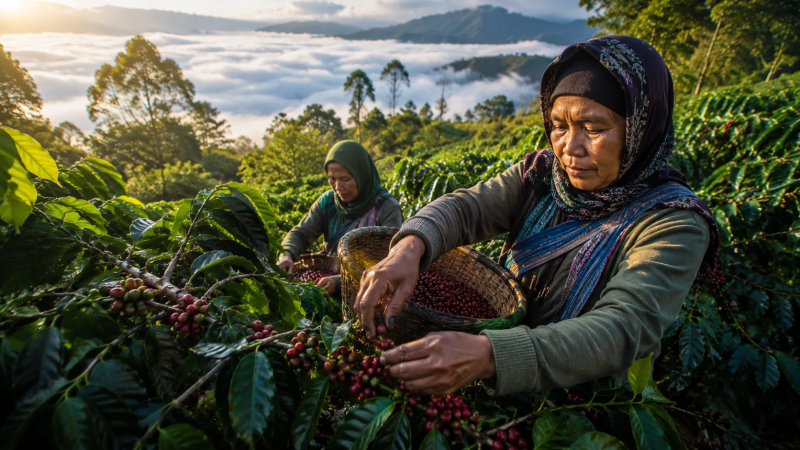 Indonesian coffee farmers hand-picking ripe red Gayo Arabica coffee cherries in Aceh highlands