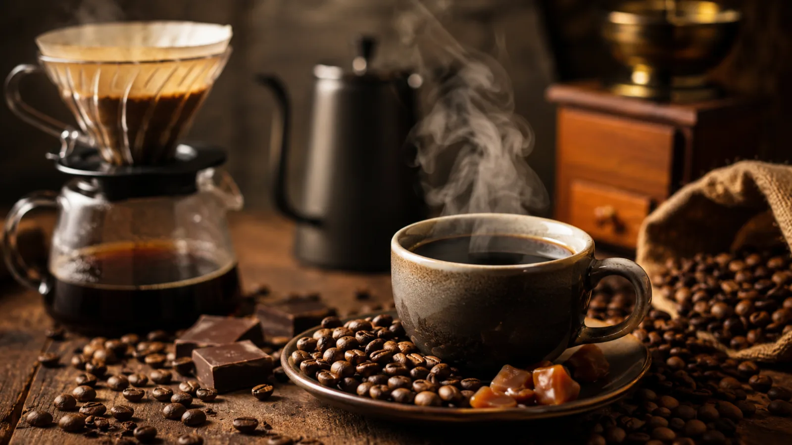 Premium cup of Gayo Arabica specialty coffee served on a wooden table
