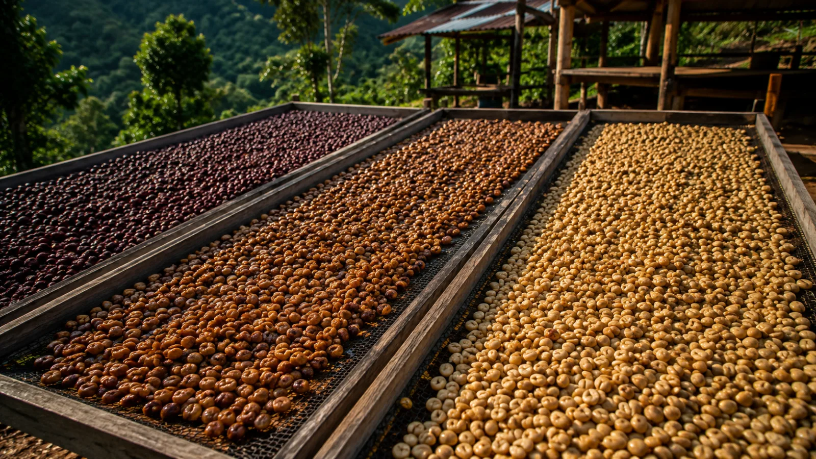 Gayo Honey Process coffee beans drying on raised beds in Aceh highlands