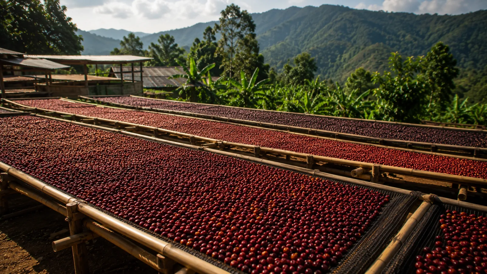 Ripe red Gayo coffee cherries drying naturally on raised beds in Aceh highlands
