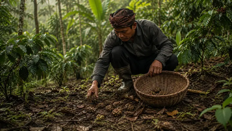 Indonesian coffee farmer carefully collecting authentic wild luwak coffee beans in a mountain plantation