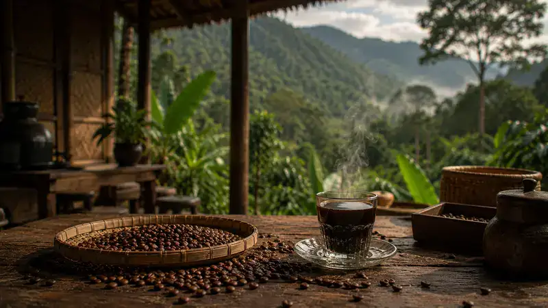 Premium Wild Arabica Luwak Coffee served in an elegant ceramic cup on a rustic wooden table