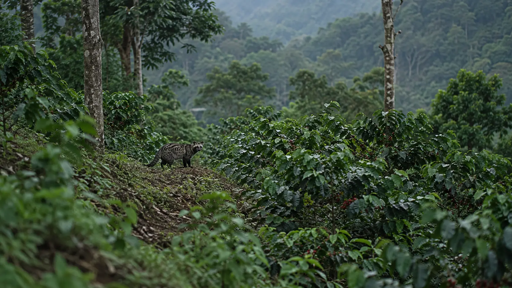 Wild Asian palm civet roaming freely through an Indonesian Arabica coffee plantation